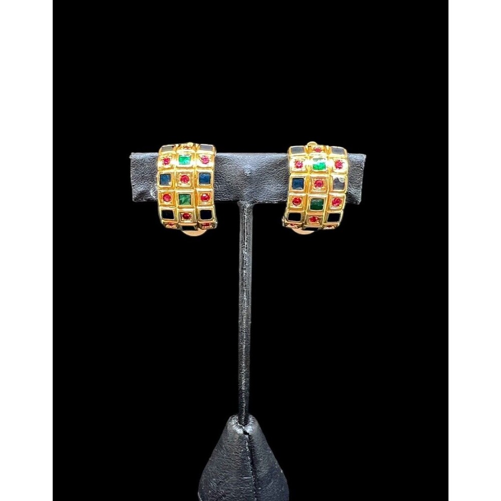 Vintage D’orlan Gold Multicolor Jeweled Rhinestone Checkered Clip-On Earrings